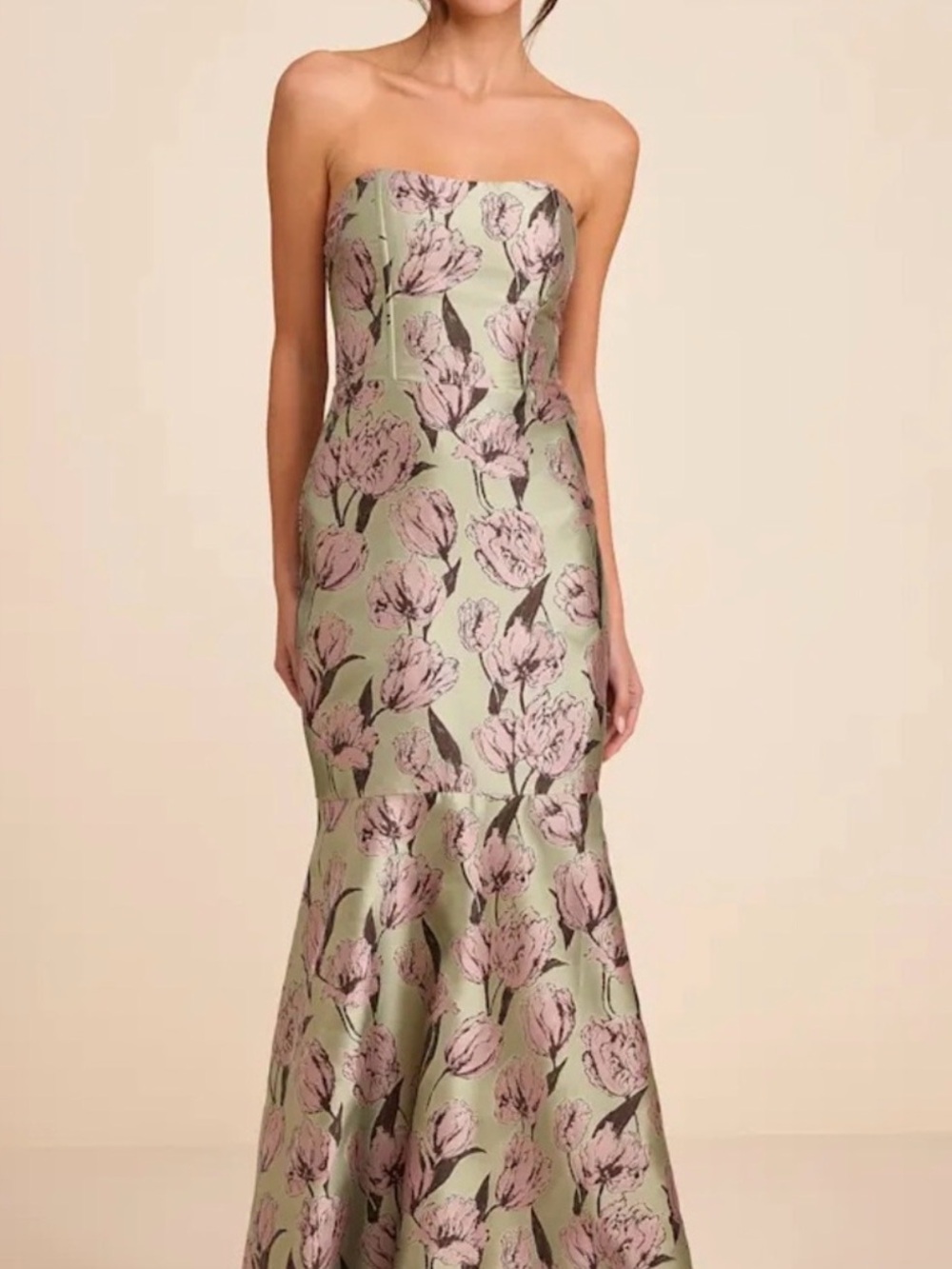 Lulus Strapless Green Floral Jacquard Mermaid Dress